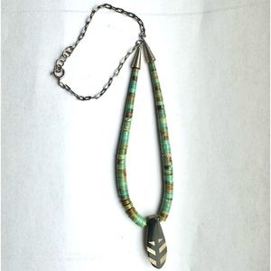 Jasper & jet pendant (1 1/4”) on green turquoise necklace 15”.